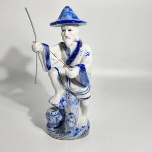 Blue White Porcelain Fisherman Figurine With Fishing Pole Fish On Base Vintage